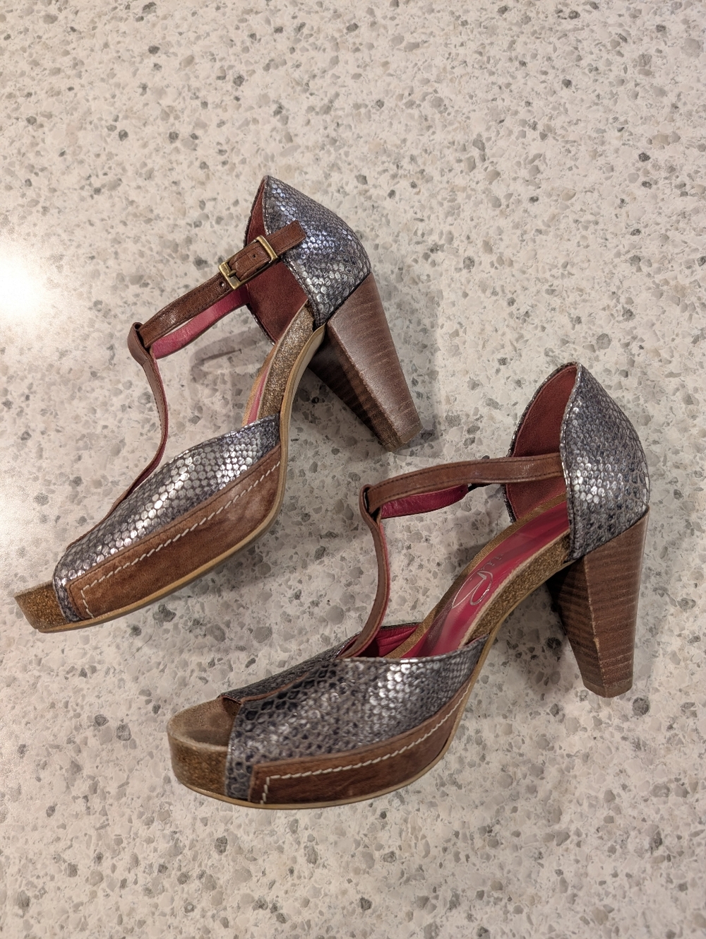 Chanii B Size 5 Platform Heels Leather Snakeskin Metallic Strappy Heeled Sandals - Picture 5 of 12